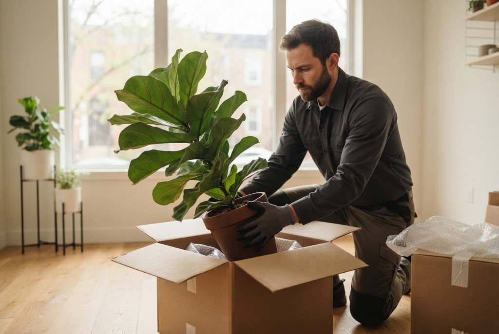 Professional mover carefully packing a potted plant with protective bubble wrap for safe residential relocation