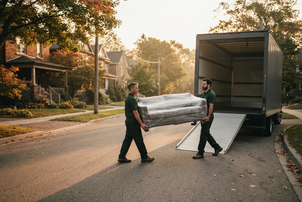 Professional moving crew carefully loading a shrink-wrapped couch into moving truck on a residential street in Ontario